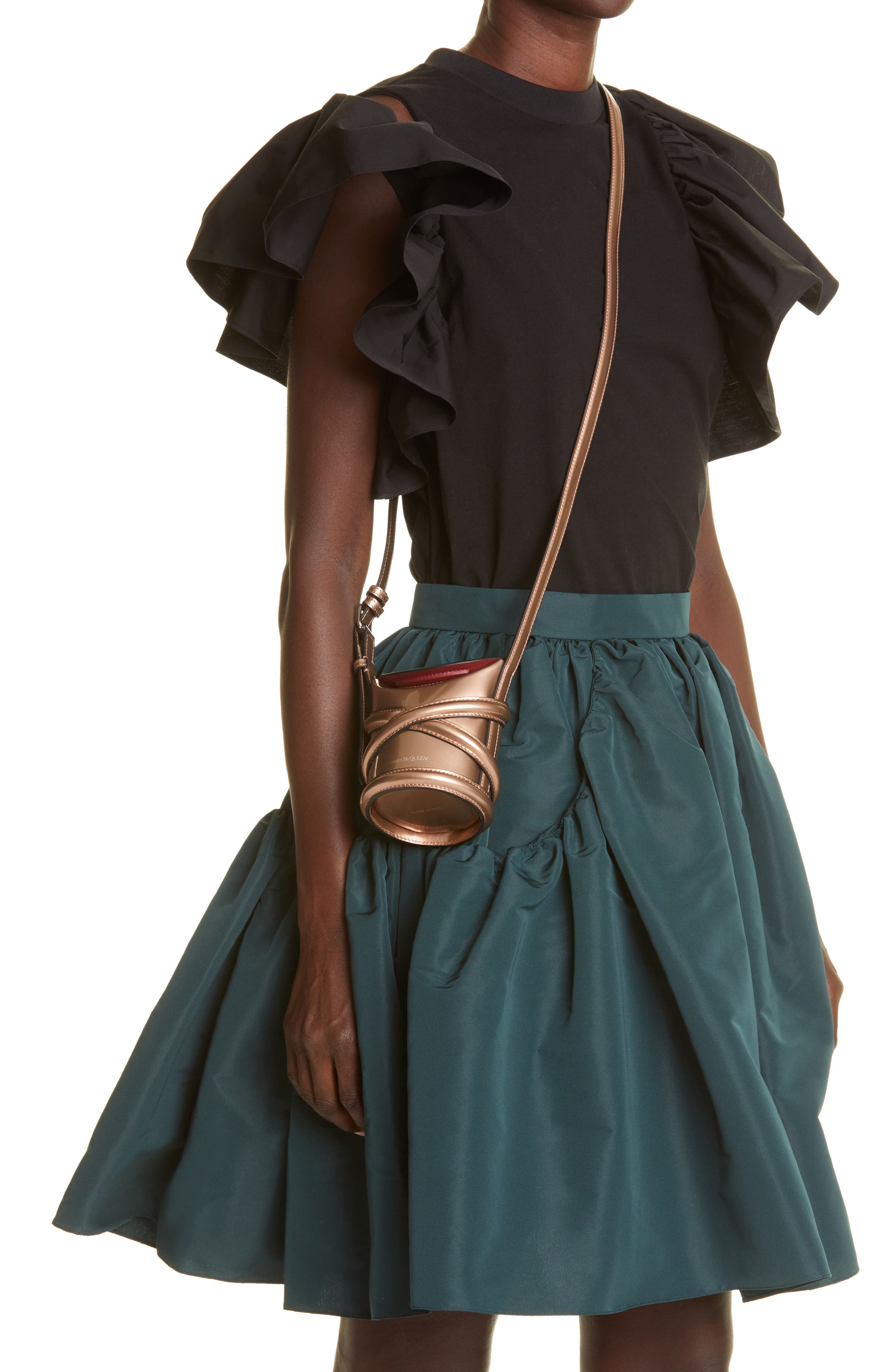 Alexander McQueen Micro The Curve Metallic Leather Crossbody Bag, Alternate, color, ROSE GOLD