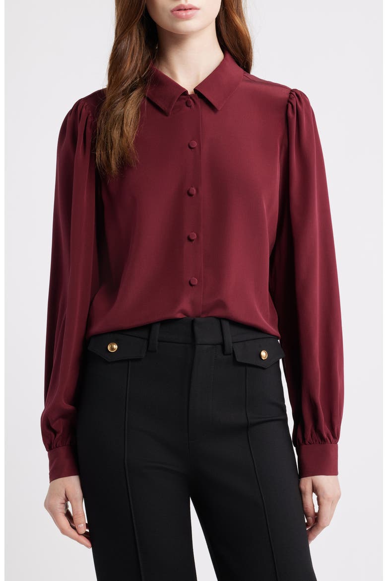 Staple Silk Button-Up Shirt, Main, color, PINOT