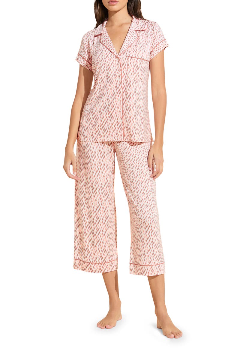 Gisele Printed Short Sleeve Cropped Pajamas, Main, color, DOUBLE DIAMOND ROUGE PINK