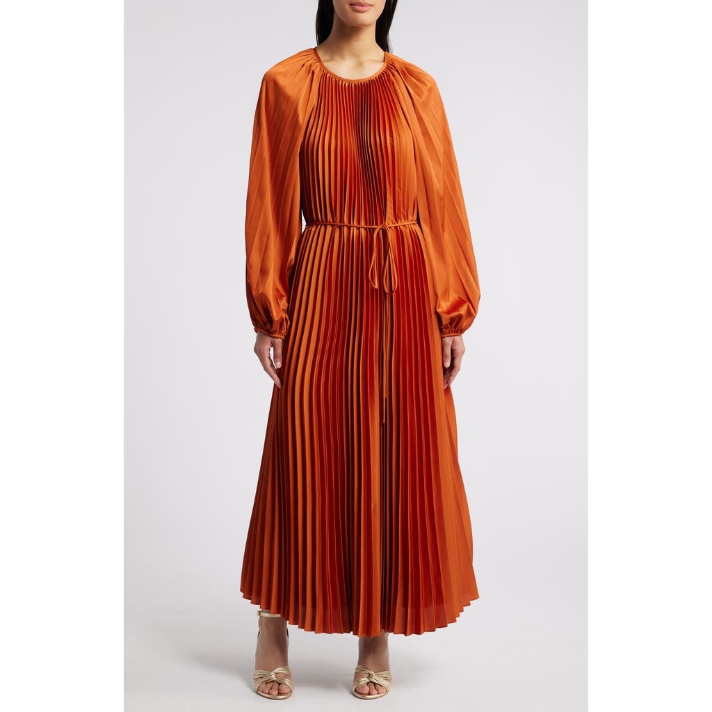 Julia Jordan Pleated Long Sleeve Satin Midi Dress in Rust