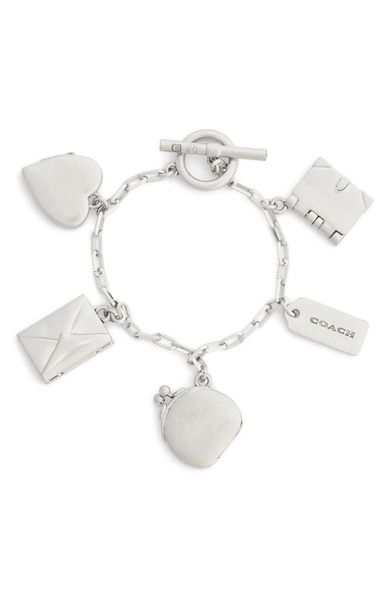 COACH Heart & Book Charm Bracelet, Alternate, color, Antique Silver