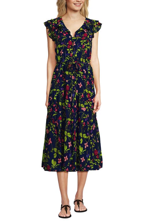 LANDS' END LANDS' END RUFFLE SLEEVE CHIFFON TIERED MIDI DRESS