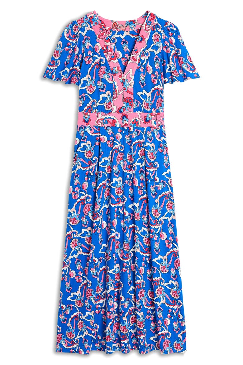 Ellie Print Flutter Sleeve Dress, Alternate, color, KINGFISHER BLUE/ FOLIAGE TRAIL