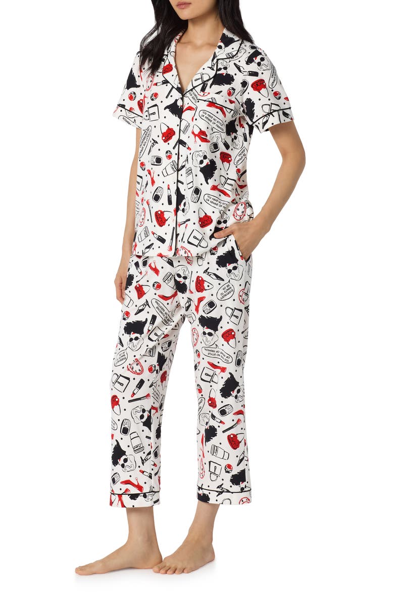 Print Stretch Organic Cotton Crop Pajamas, Alternate, color, DEVIL WEARS PRADA
