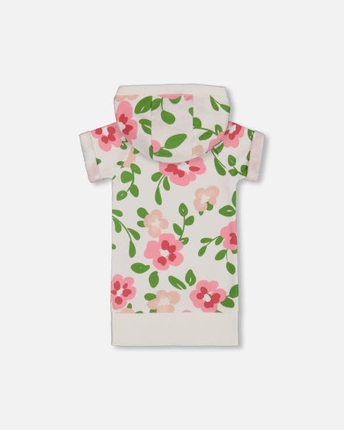 Deux Par Deux Little Girl's Printed French Terry Hooded Dress Pink Flowers On White Background In Pink Flowers On White