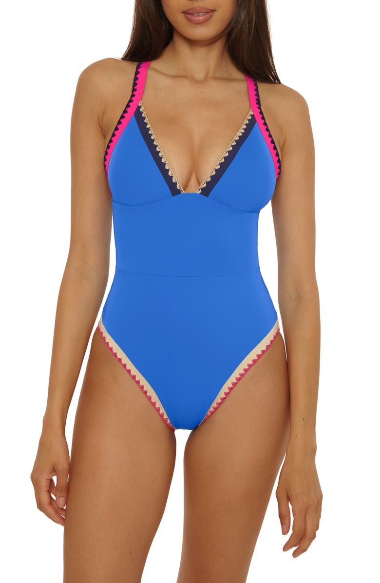 Lucky Brand Avila Embroidered Trim Colorblock Binding One-Piece Swimsuit, Main, color, Peacock