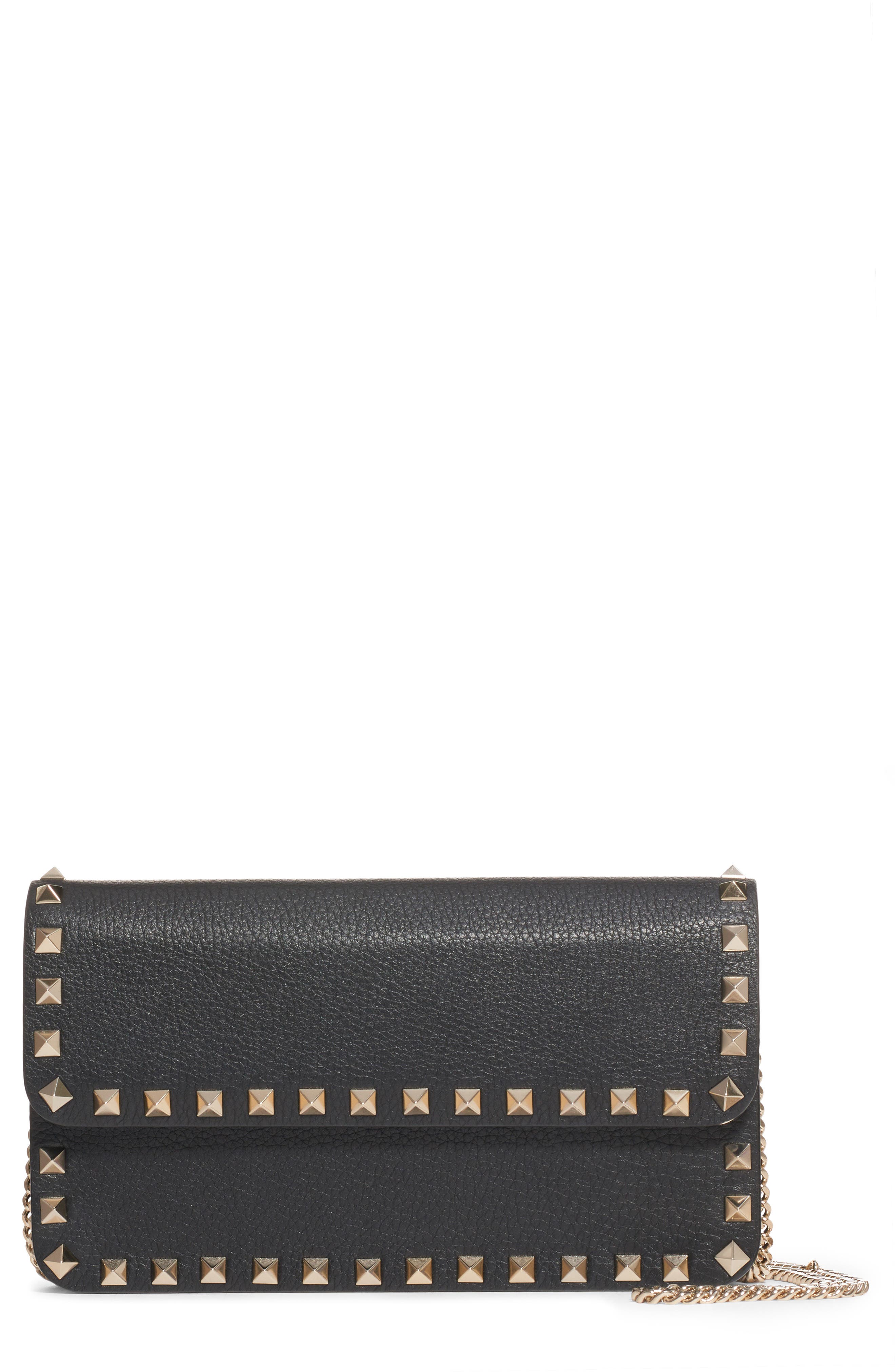 Rockstud Leather Wallet on a Chain, Main, color, NERO