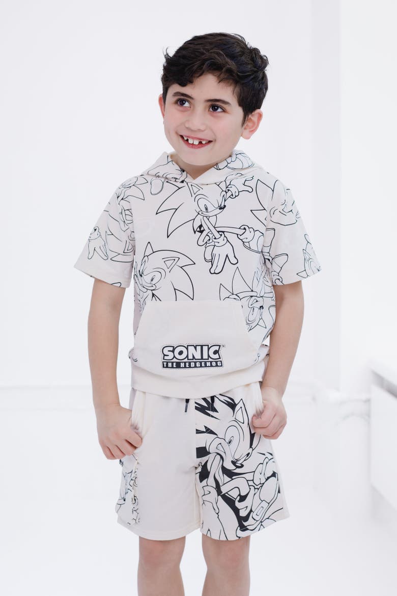 Sonic the Hedgehog Short Sleeve Hoodie & Shorts Set, Alternate, color, Cream Sonic Sketch Pattern