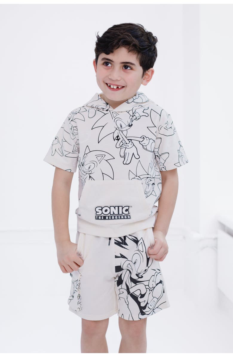 SEGA Sonic the Hedgehog Short Sleeve Hoodie & Shorts Set, Alternate, color, Cream Sonic Sketch Pattern