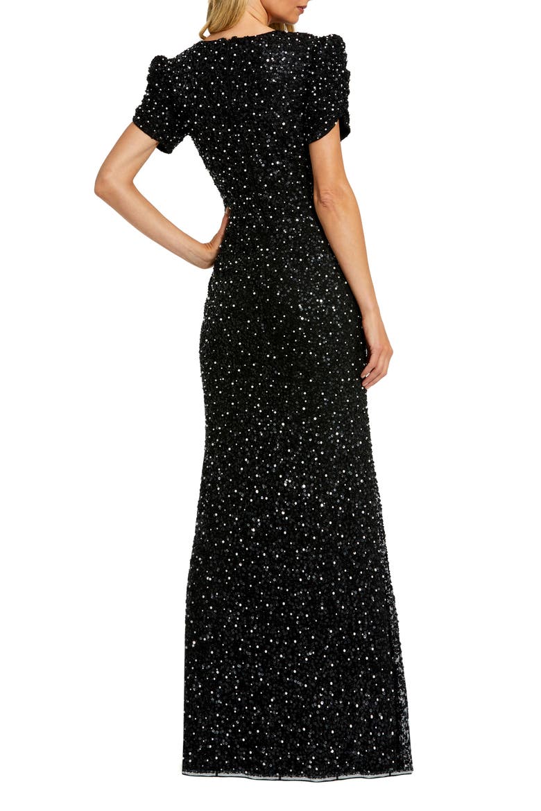 Women's Embellished Mesh High Neck Puff Sleeve Gown, Alternate, color, BLACK