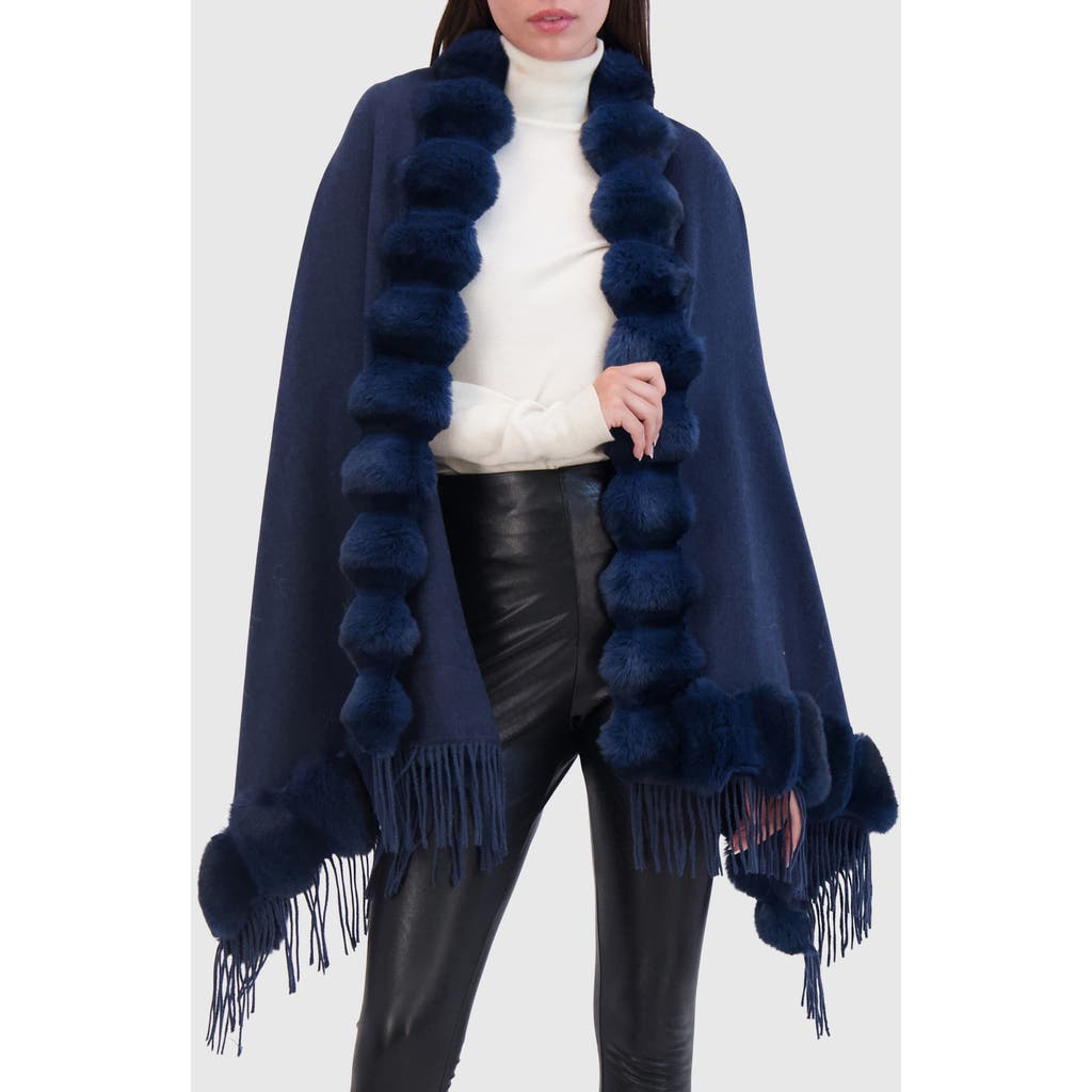 Lyla Grant Cashmere & Wool Blend Cape With Fur-free Chinchilla (faux Fur) Trim) In Blue