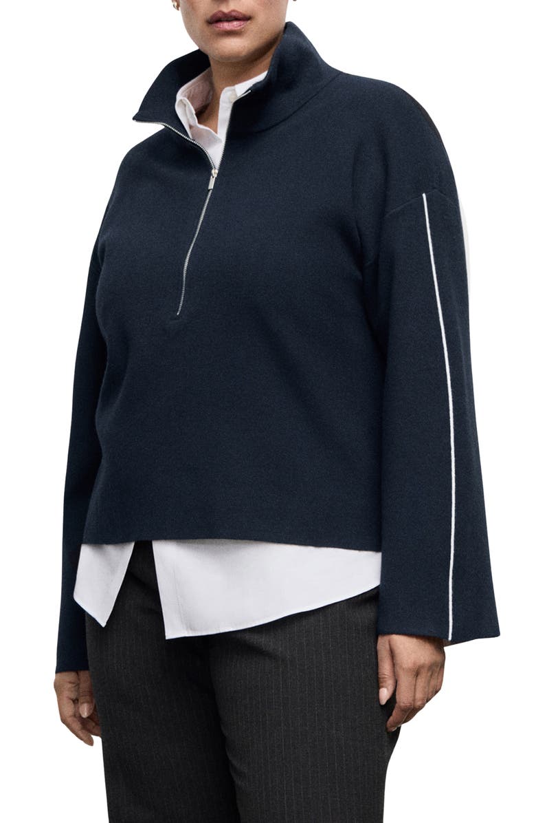 MANGO Contrast Stripe Half Zip Sweater, Alternate, color, Navy