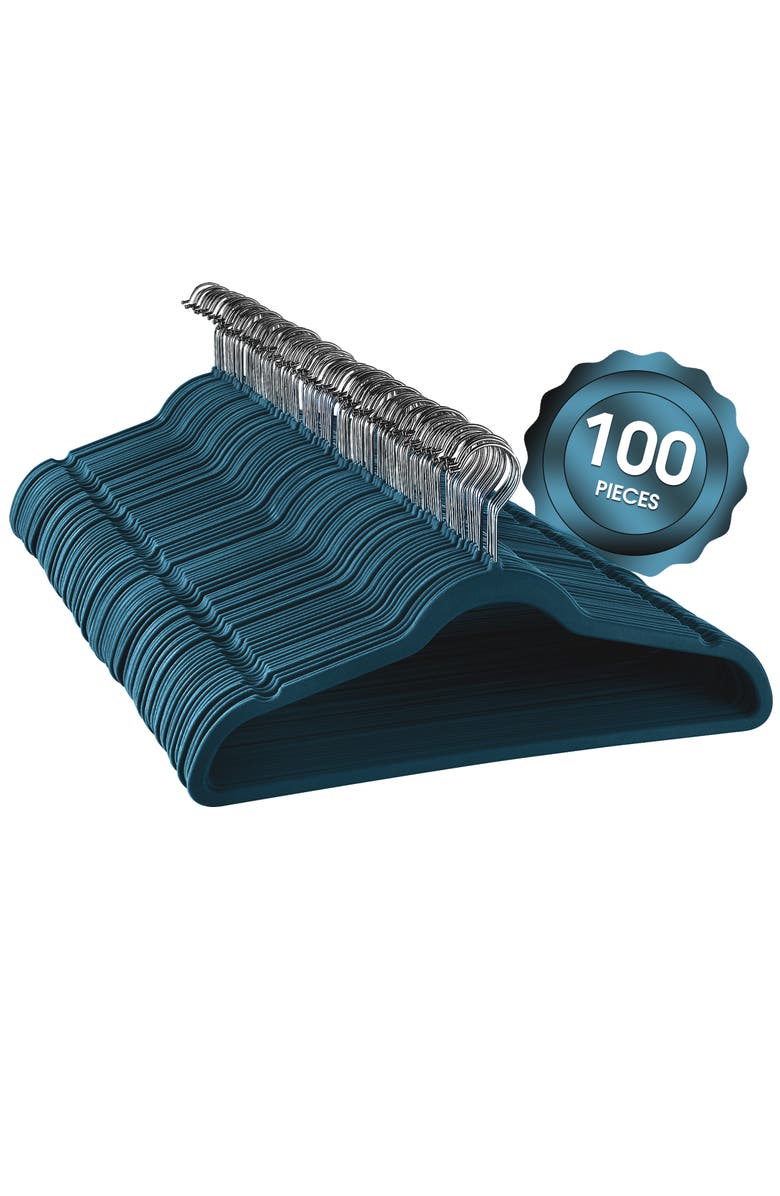 Elama 100 Piece Velvet Slim Profile Heavy Duty Felt Hangers with Stainless Steel Swivel Hooks, Main, color, Blue