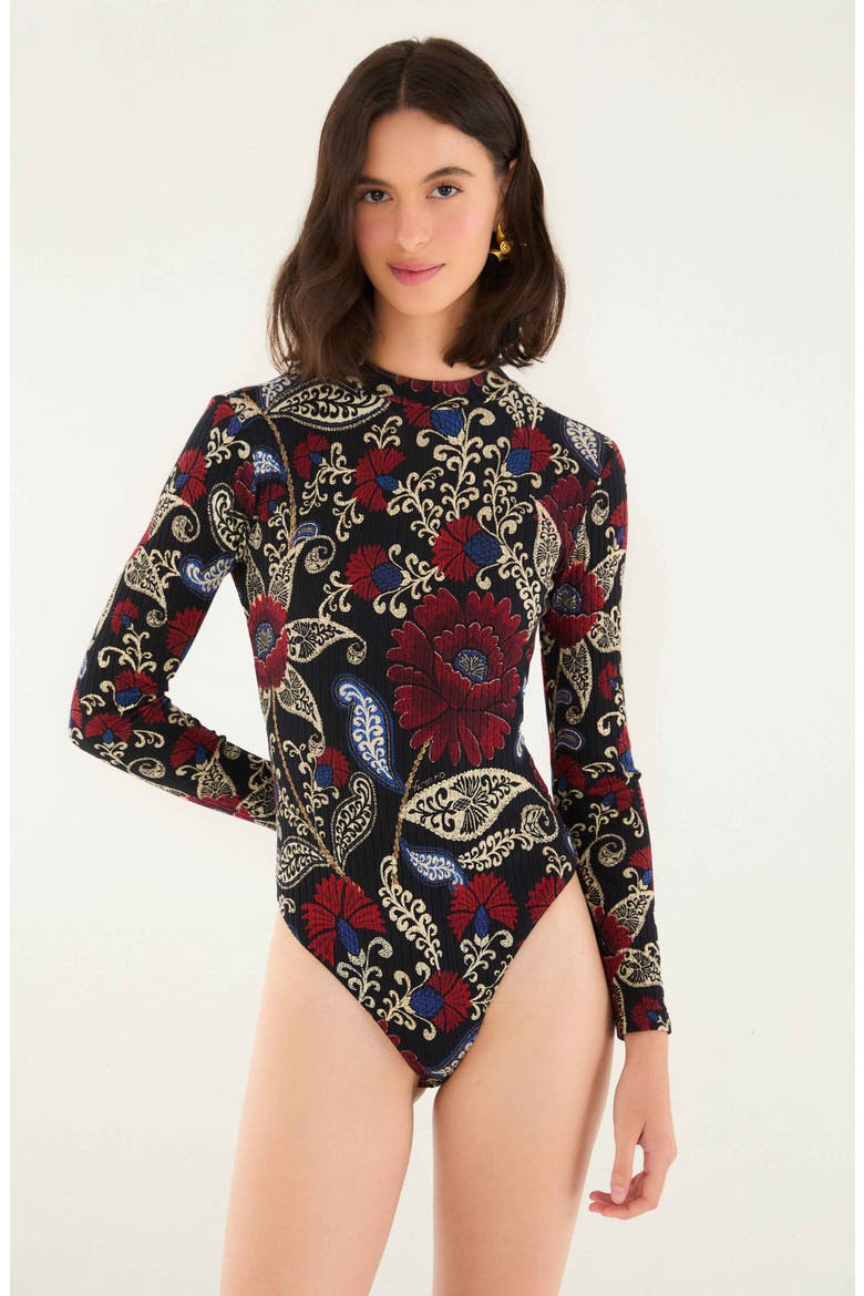 Valentina Floral Paisley Long Sleeve Stretch Cotton Bodysuit, Alternate, color, VALENTINA BLACK