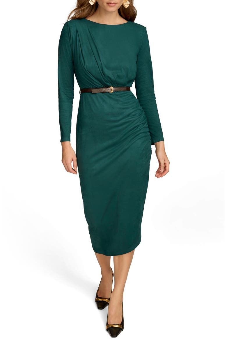 Belted Long Sleeve Asymmetric Faux Suede Dress, Main, color, SPRUCE