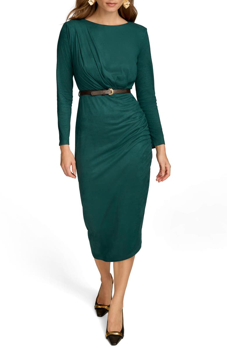 Donna Karan New York Belted Long Sleeve Asymmetric Faux Suede Dress, Main, color, 