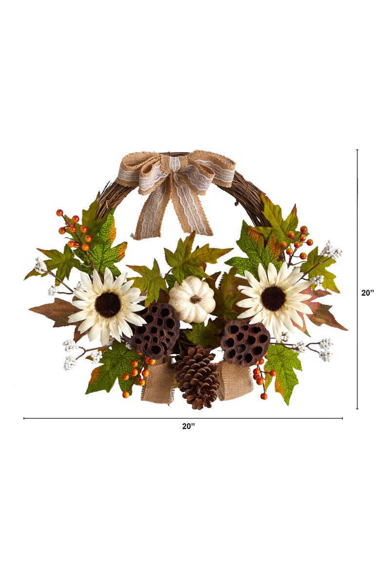 20-in Autumn Sunflower, White Pumpkin and Dried Lotus Pod Artificial Fall Wreath with Decorative Bow, Alternate, color, Green