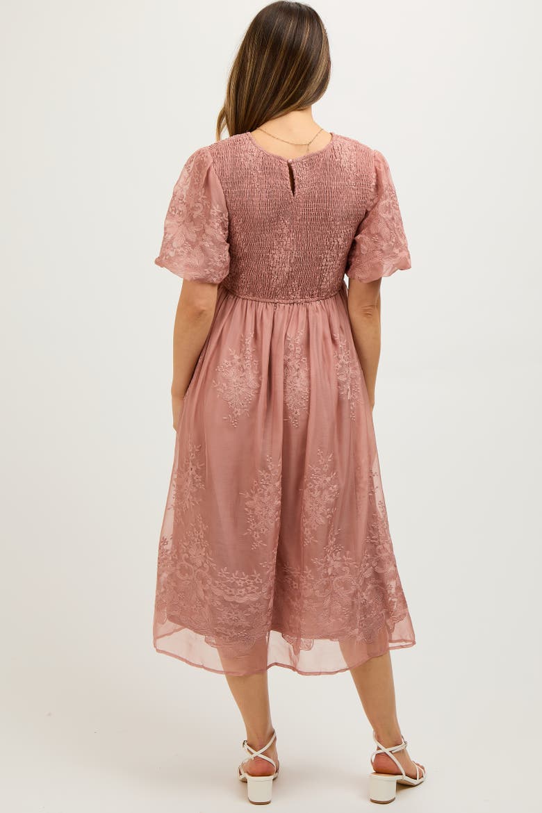 Floral Lace Smocked Midi Dress, Alternate, color, Mauve
