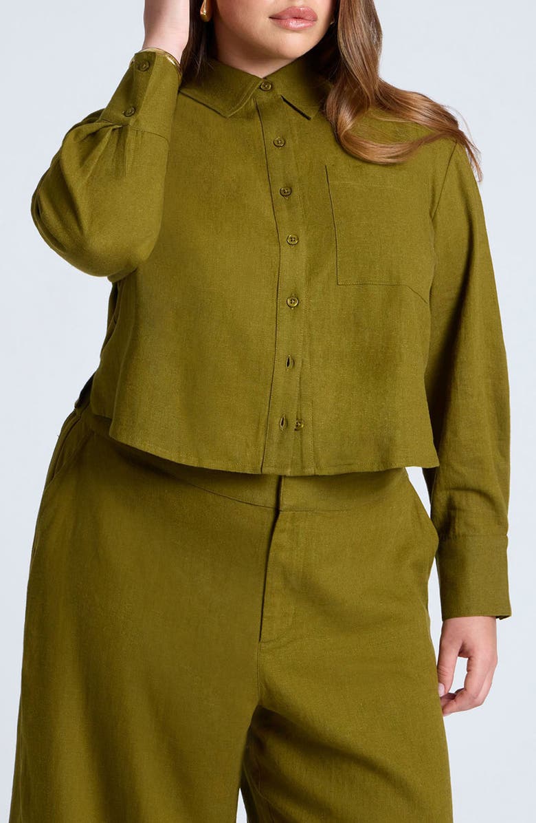 ELOQUII Boxy Crop Linen Blend Button-Up Shirt, Main, color, 