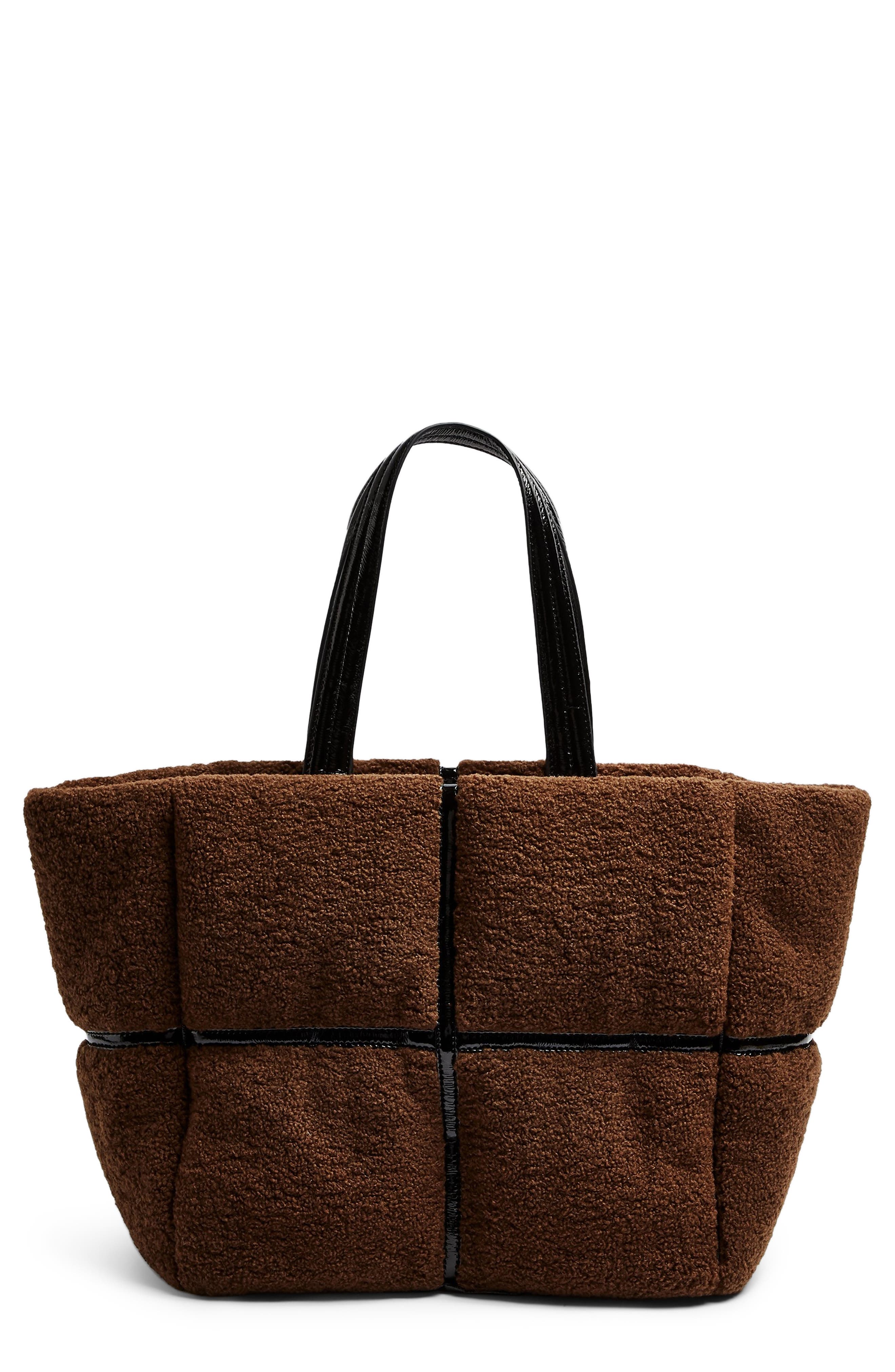 Faux Fur & Vinyl Tote Bag, Main, color, BROWN