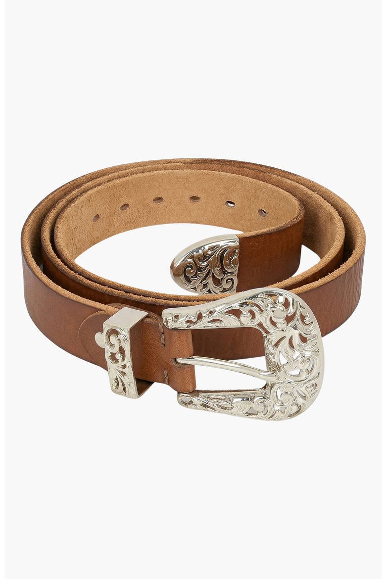 Leather Belt with Ornate Engraved Buckle and Western Detail, Main, color, Brown