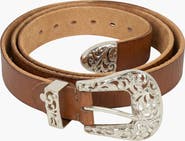 Modenaire Leather Belt with Ornate Engraved Buckle and Western Detail