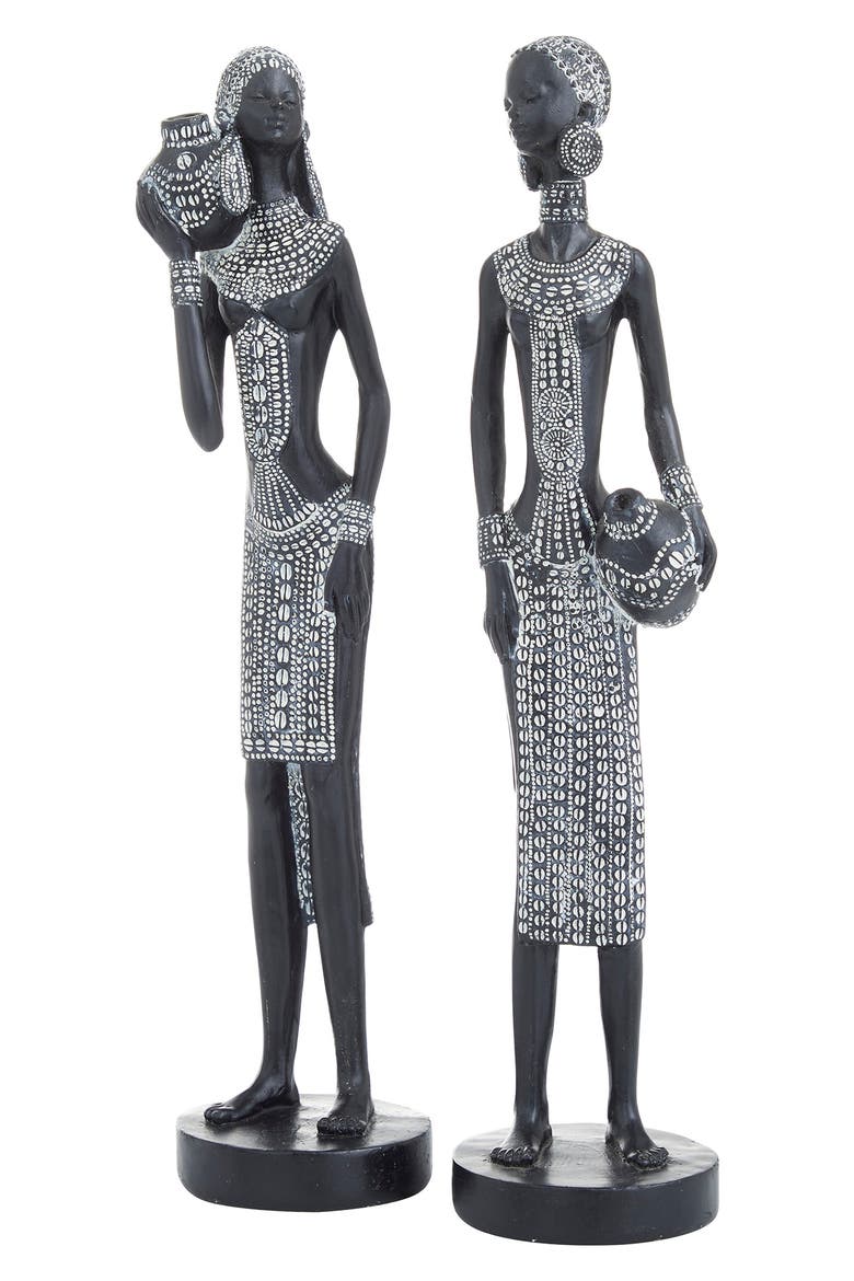 Black Polystone Standing Woman Sculpture with Intricate Detail - Set of 2, Main, color, BLACK