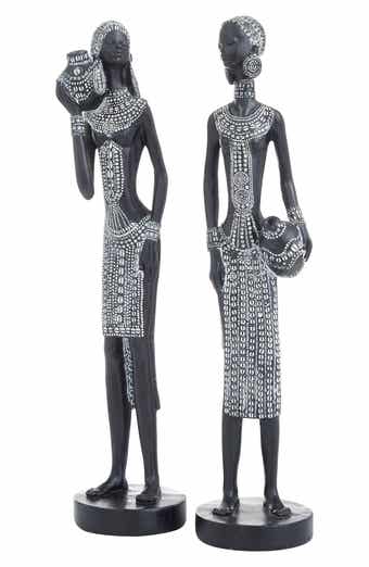 VIVIAN LUNE HOME Black Polystone Standing Woman Sculpture with Intricate Detail - Set of 2