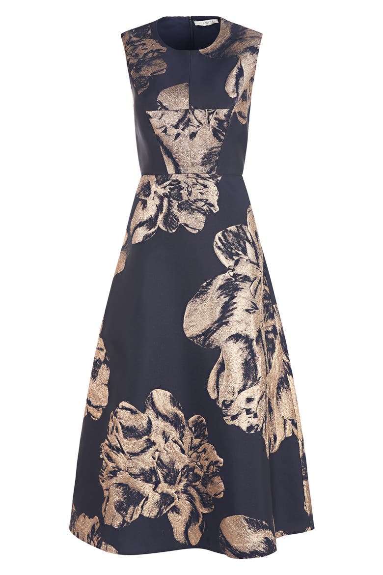 Molly Floral Metallic Jacquard A-Line Midi Dress, Alternate, color, NAVY/ BRONZE