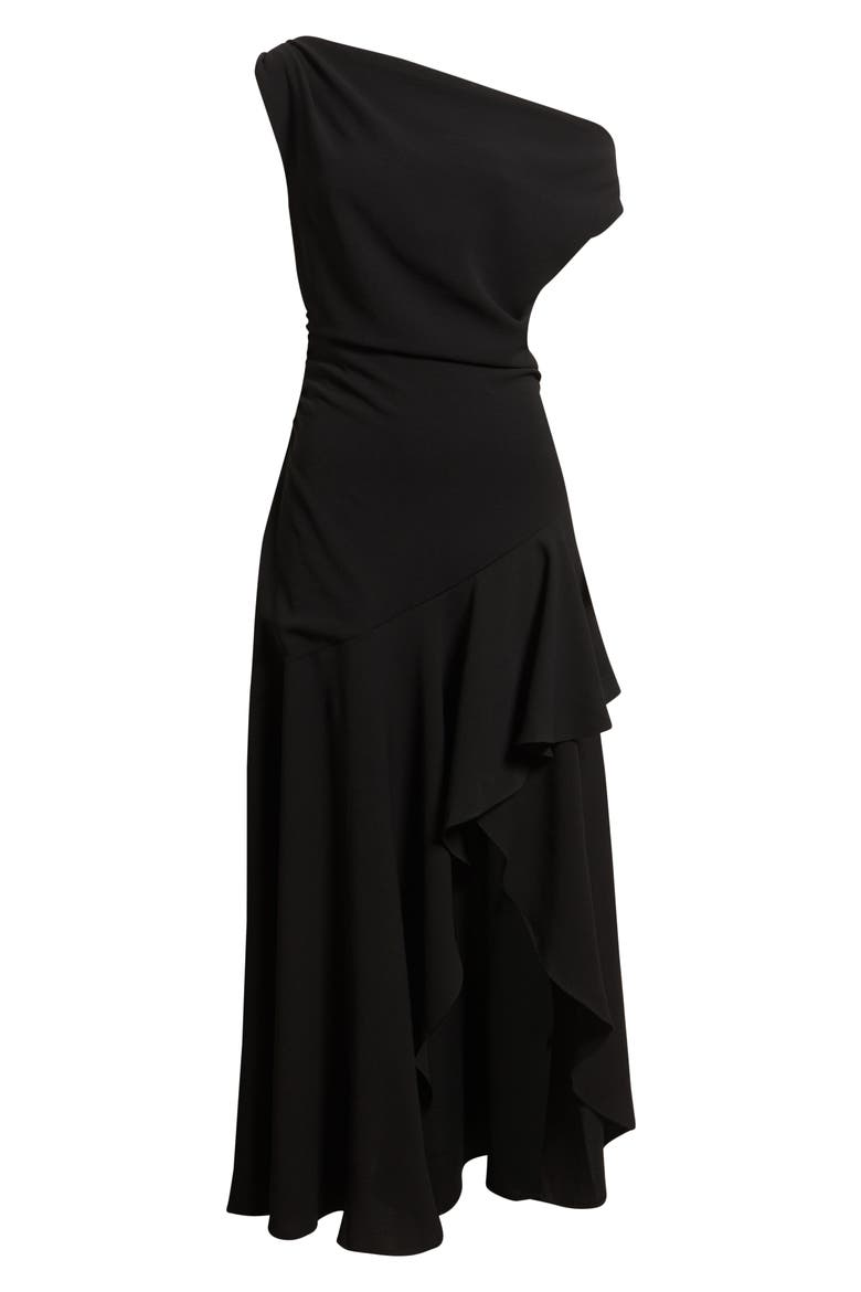 Cascading Ruffle Crepe One-Shoulder Gown, Alternate, color, BLACK