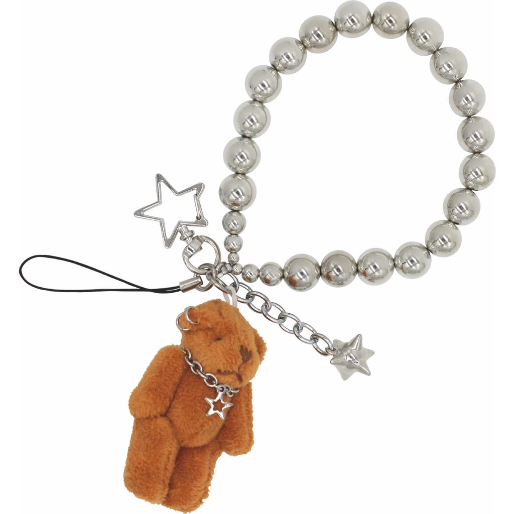 Velvet Luna Beaded Teddy Bear Phone Strap In Silver