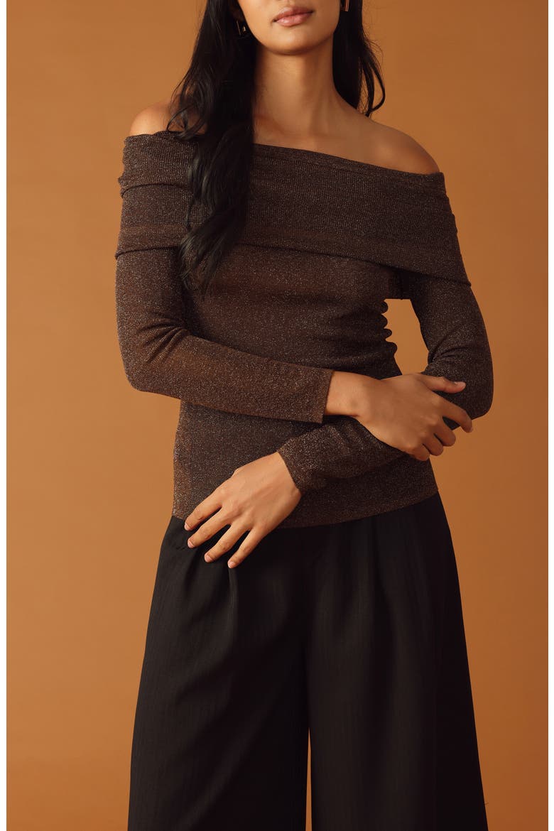 Metallic Foldover Off the Shoulder Sweater, Alternate, color, BROWN METALLIC