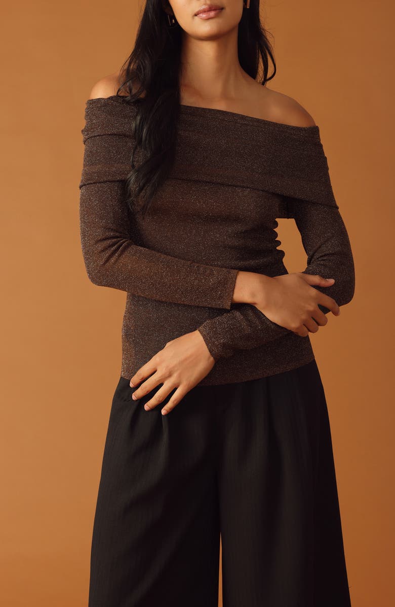FLYING TOMATO Metallic Foldover Off the Shoulder Sweater, Alternate, color, 