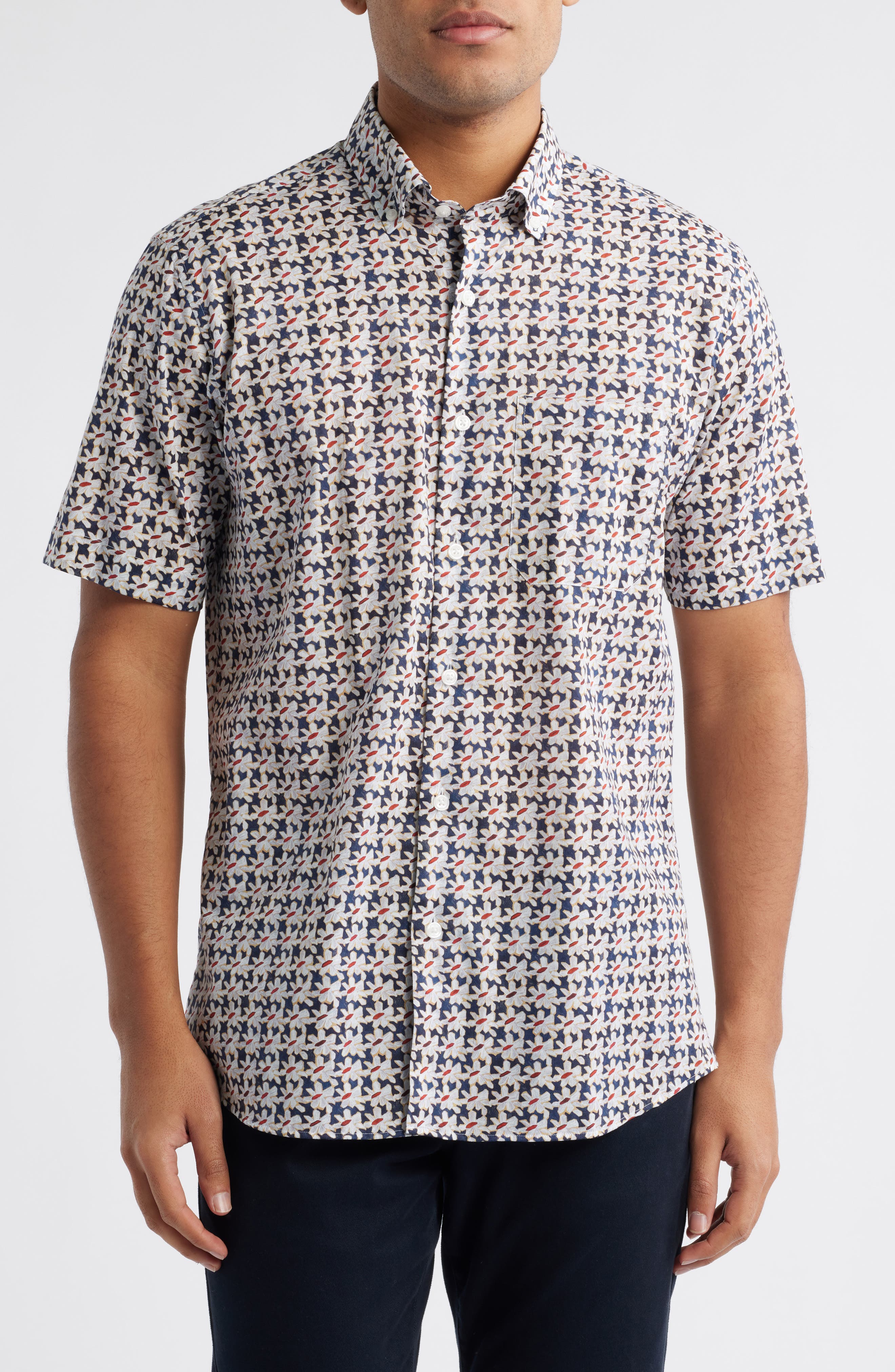Scott Barber Regular Fit Floral Short Sleeve Cotton Button-Up Shirt