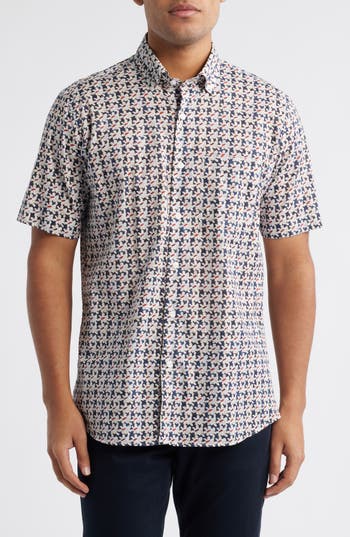 Scott Barber Regular Fit Floral Short Sleeve Cotton Button-up Shirt In Blue