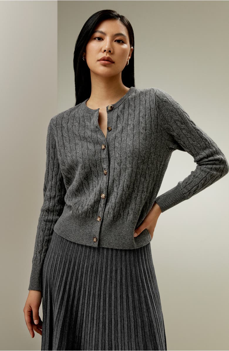 Lilysilk Cable-Knit Cashmere Crewneck Cardigan, Alternate, color, Medium Gray