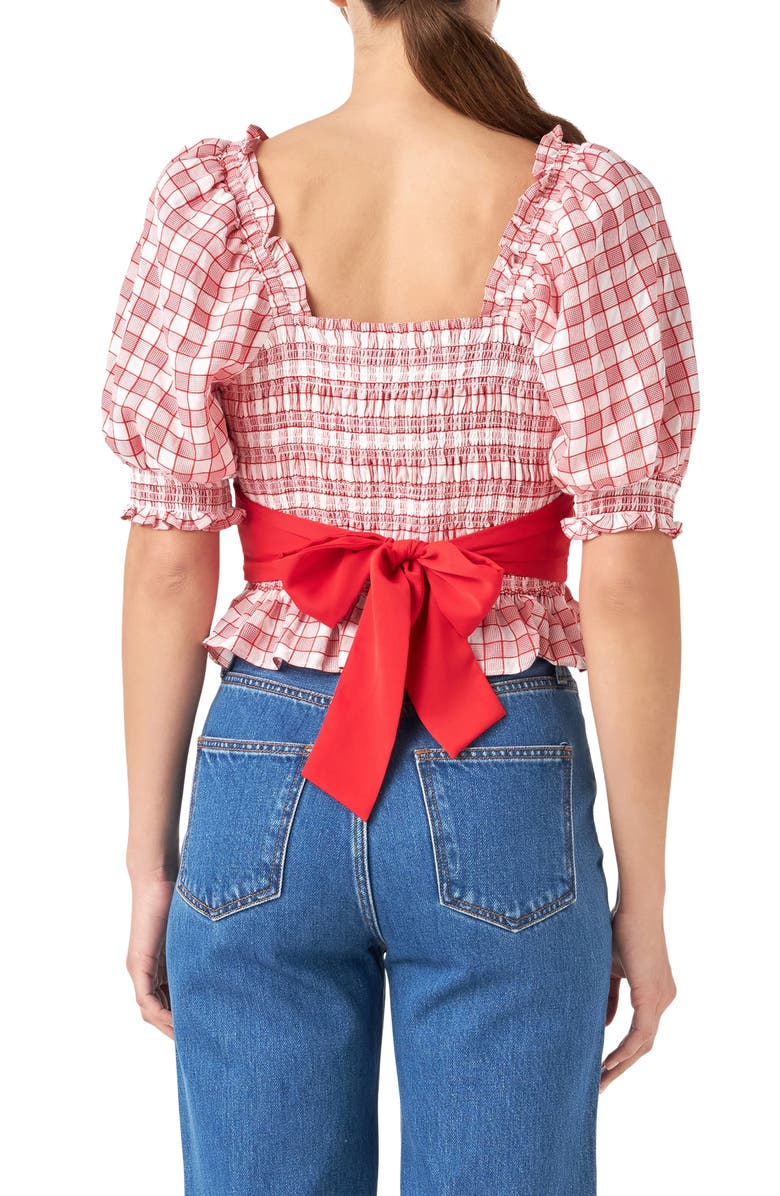 English Factory Check Smocked Bow Accent Top, Alternate, color, Red