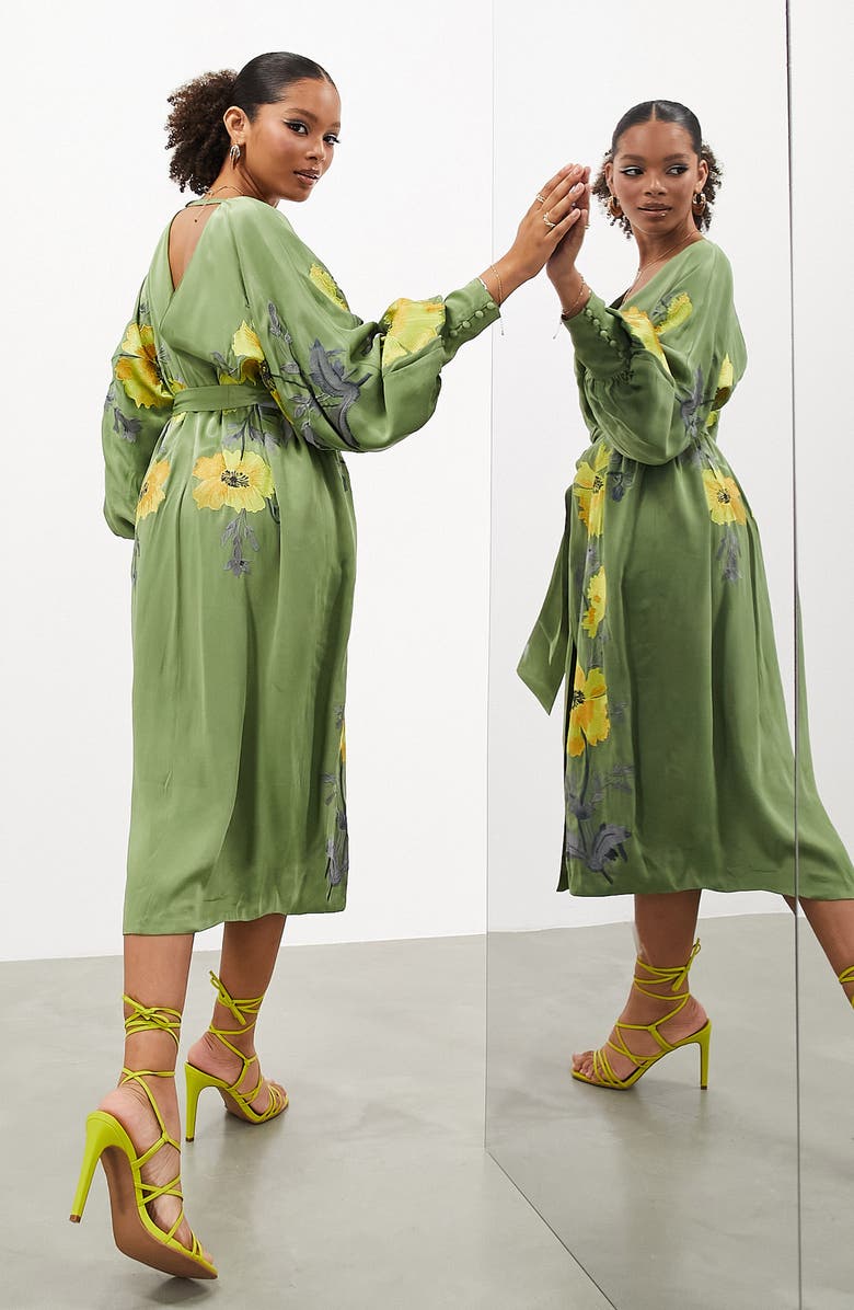 ASOS DESIGN Edition Floral Embroidery Long Sleeve Midi Dress, Alternate, color, 