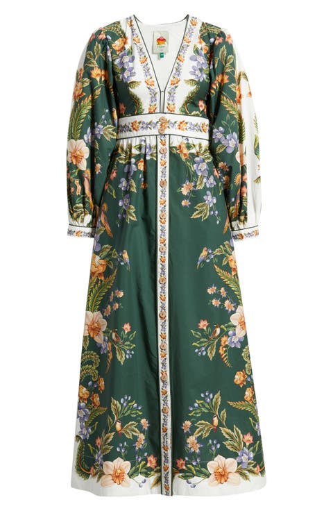 Nature Green Long Sleeve Floral Maxi Dress