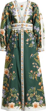 FARM Rio Nature Green Long Sleeve Floral Maxi Dress