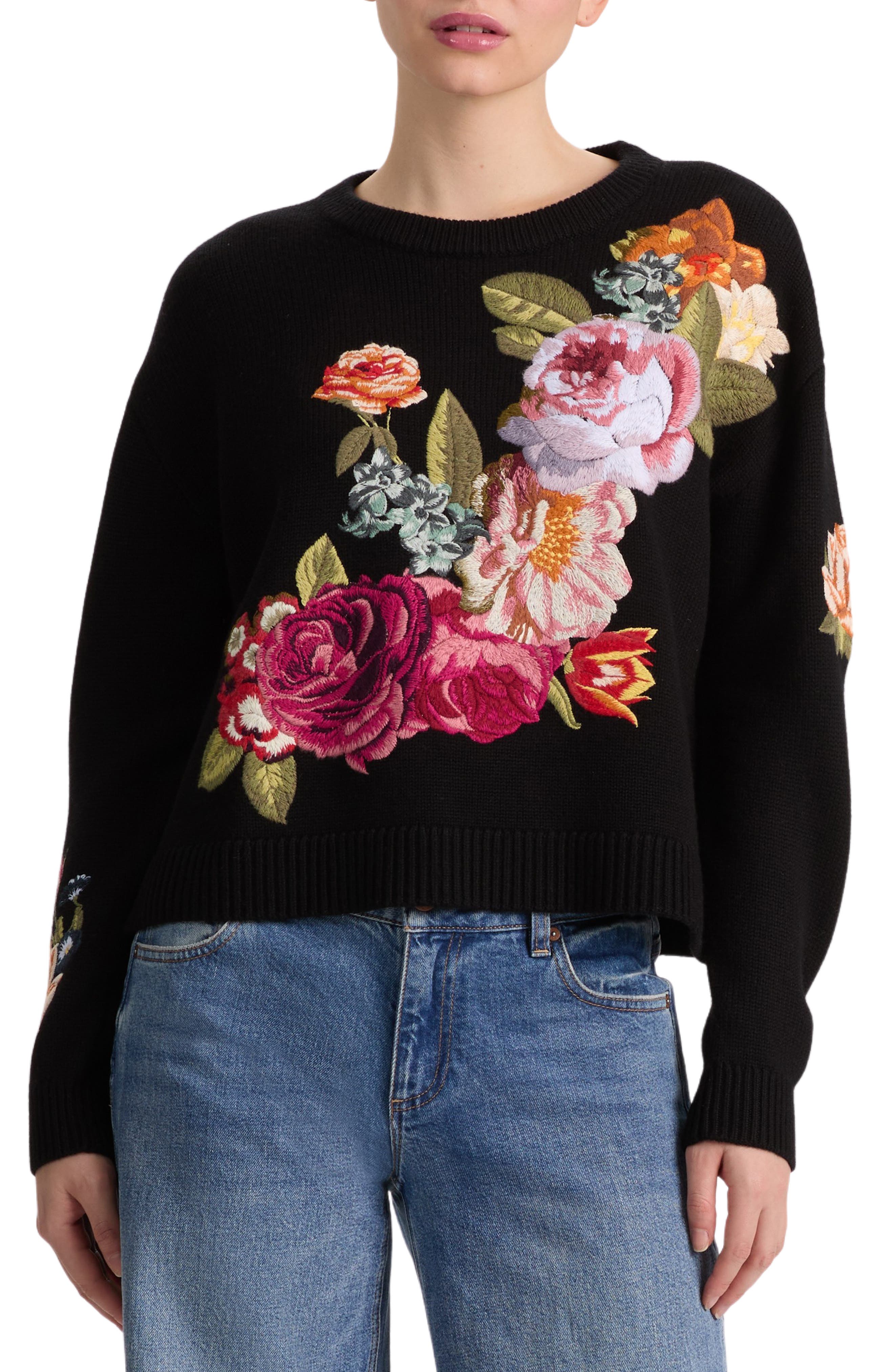 Belva Embroidered Floral Wool Blend Sweater