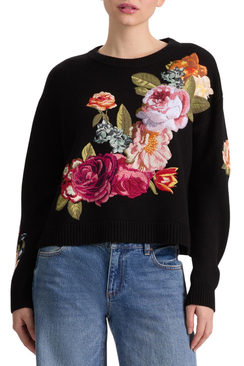 Belva Embroidered Floral Wool Blend Sweater, Main, color, BLACK MULTI