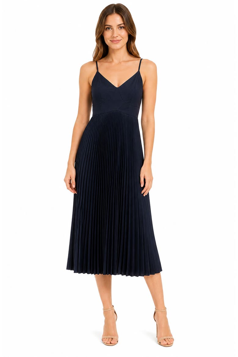 Pleated Satin Midi Dress, Alternate, color, DEEP NAVY