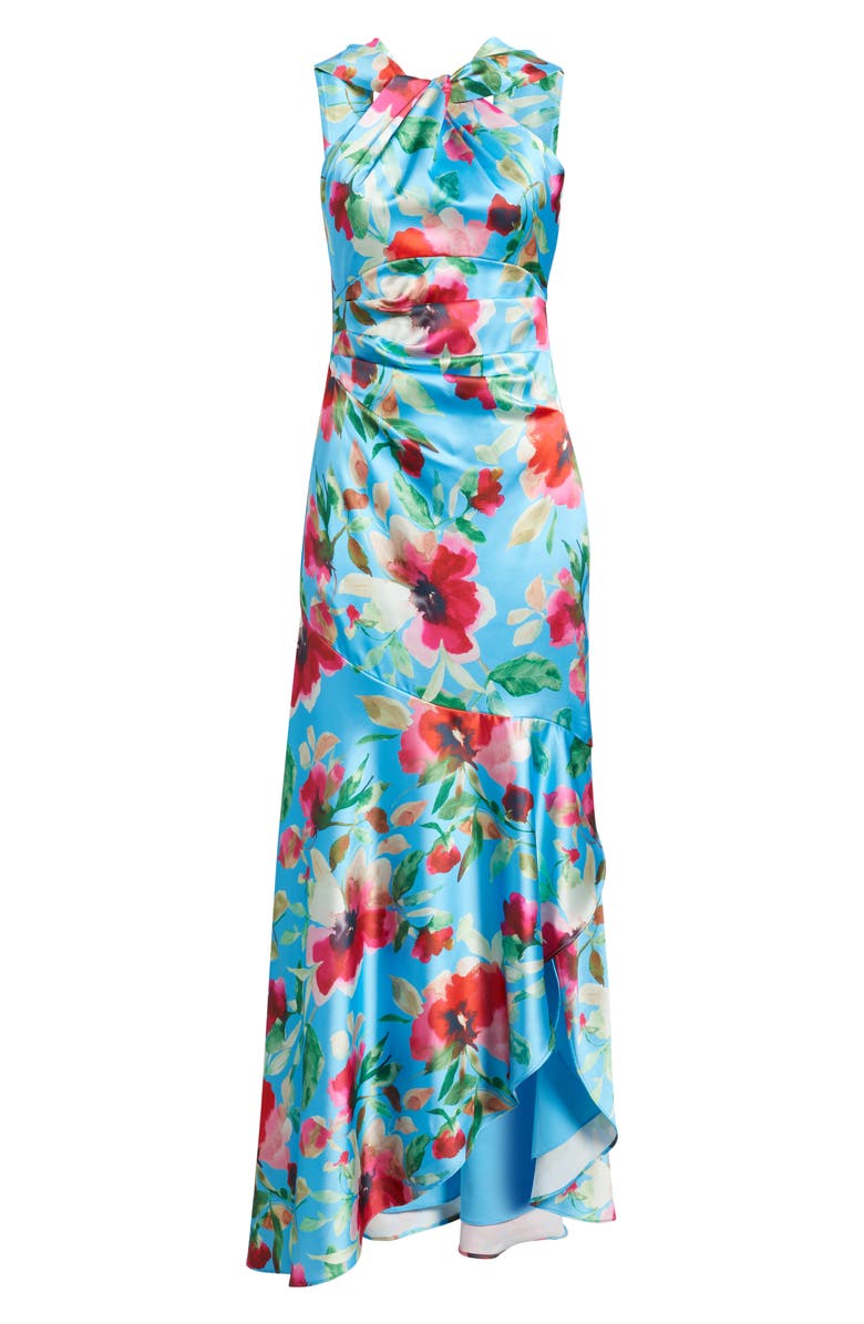 Eliza J Floral Print Twist Neck Gown, Alternate, color, Aqua
