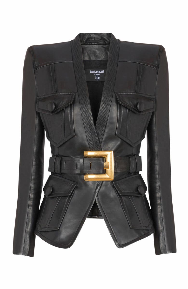 Balmain 1-Button Belted Leather Jacket, Alternate, color, Black