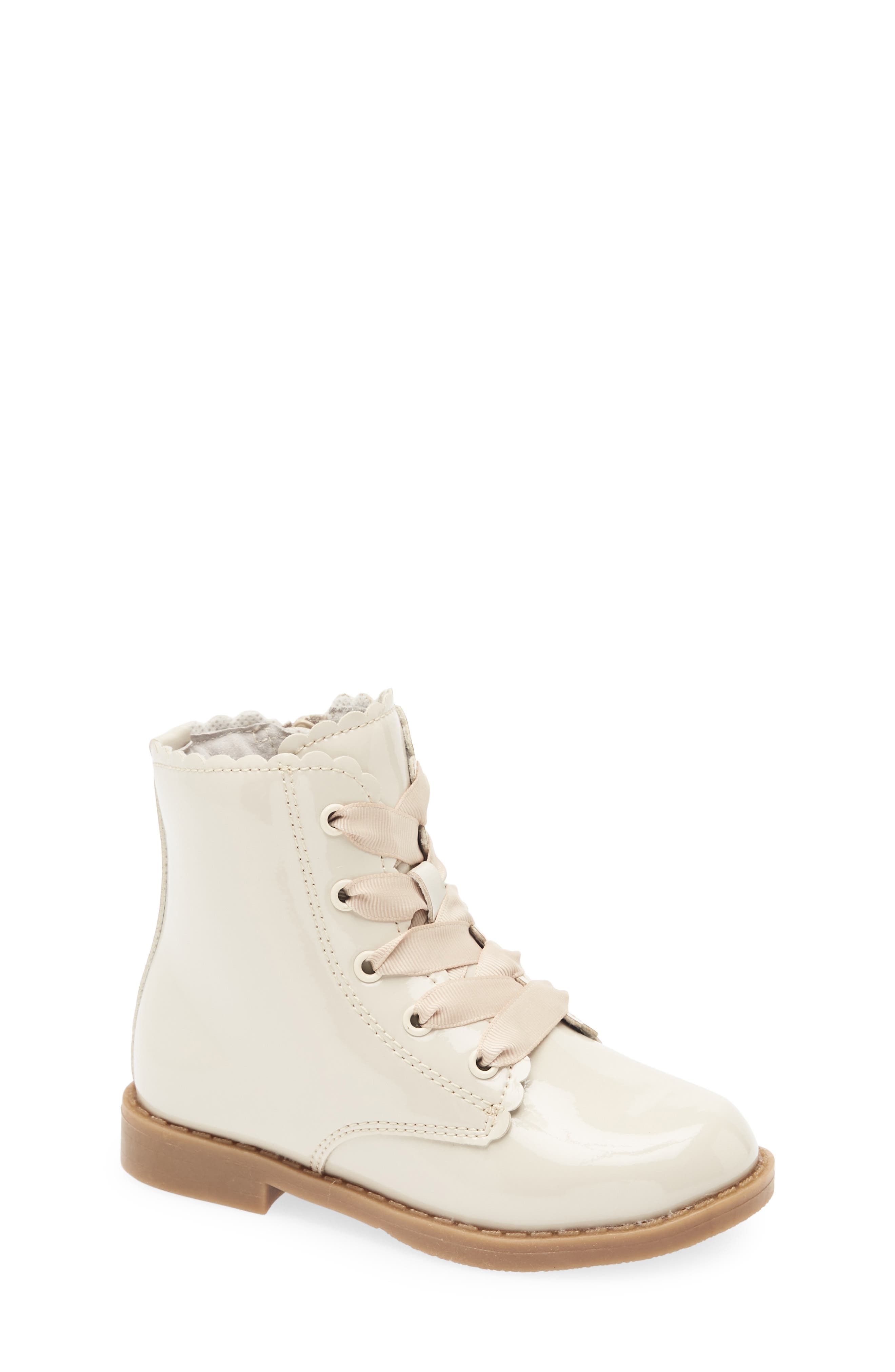 L'AMOUR Kids' Josephine Scallop Lace-Up Bootie, Main, color, Patent Cream