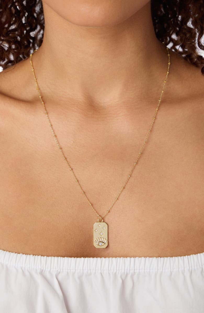ATHRA LUXE Pavé Cubic Zirconia Evil Eye Tag Pendant Necklace, Alternate, color, Gold