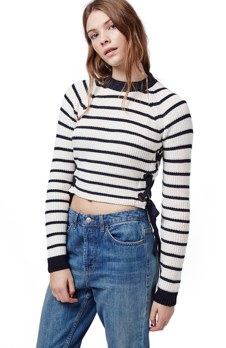 Topshop Lace-Up Crop Sweater, Alternate, color,