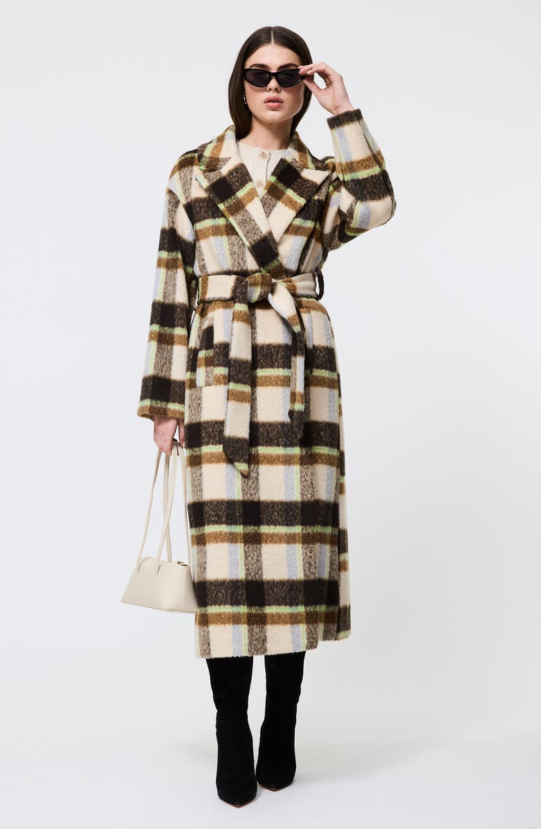 French Connection Remi Plaid Faux Fur Trench Coat, Alternate, color, Brown Multi