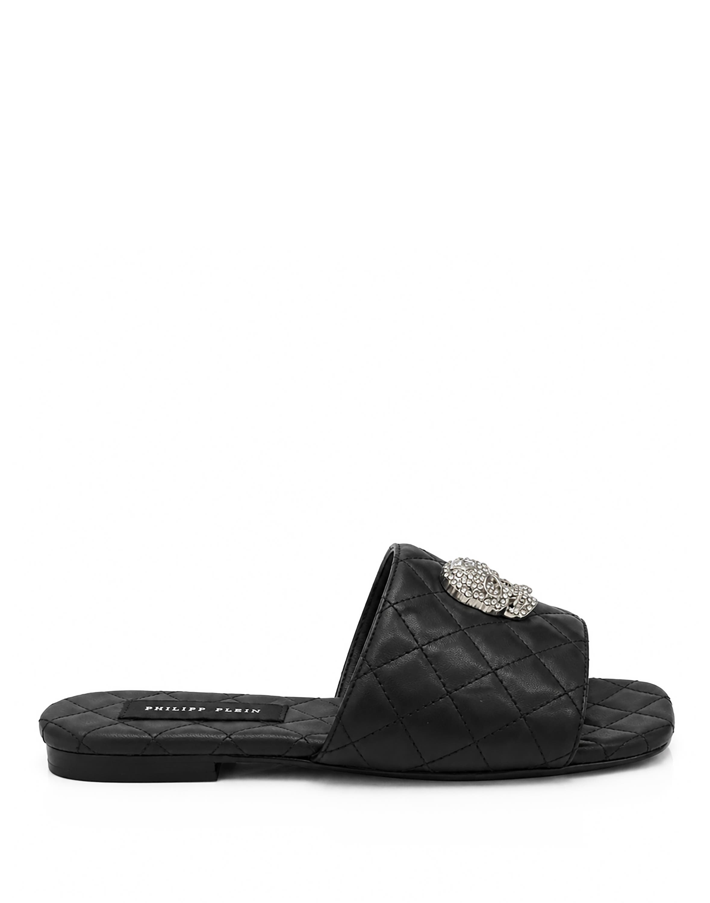 Nappa Flat Matelasse Sandals Crystal Skull Women, Alternate, color, black